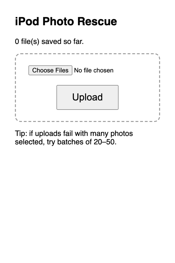 Safari on an old iPod touch, showing the PhotoLifeboat page.