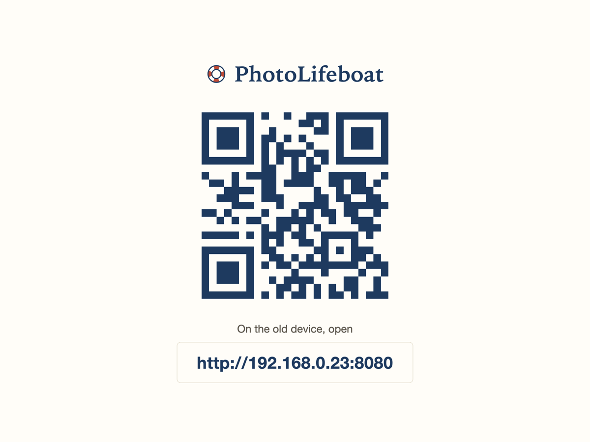 The PhotoLifeboat window on a Mac, showing the QR code and the short address.